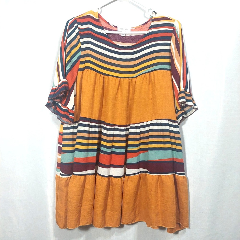 Hailey & Co Womens Med Boho Tunic Dress Short Sleeves Relaxed Fun Colorful USA